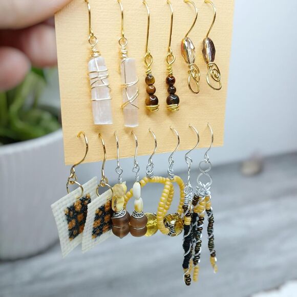 Assorted Yellow Tone Beaded Dangle Earrings, Boho Chic Fairy Core 7 PC - Picture 1 of 6